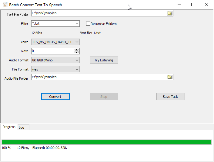 Batch convert from text files to speech in audio formats like  .wav files - batch convert