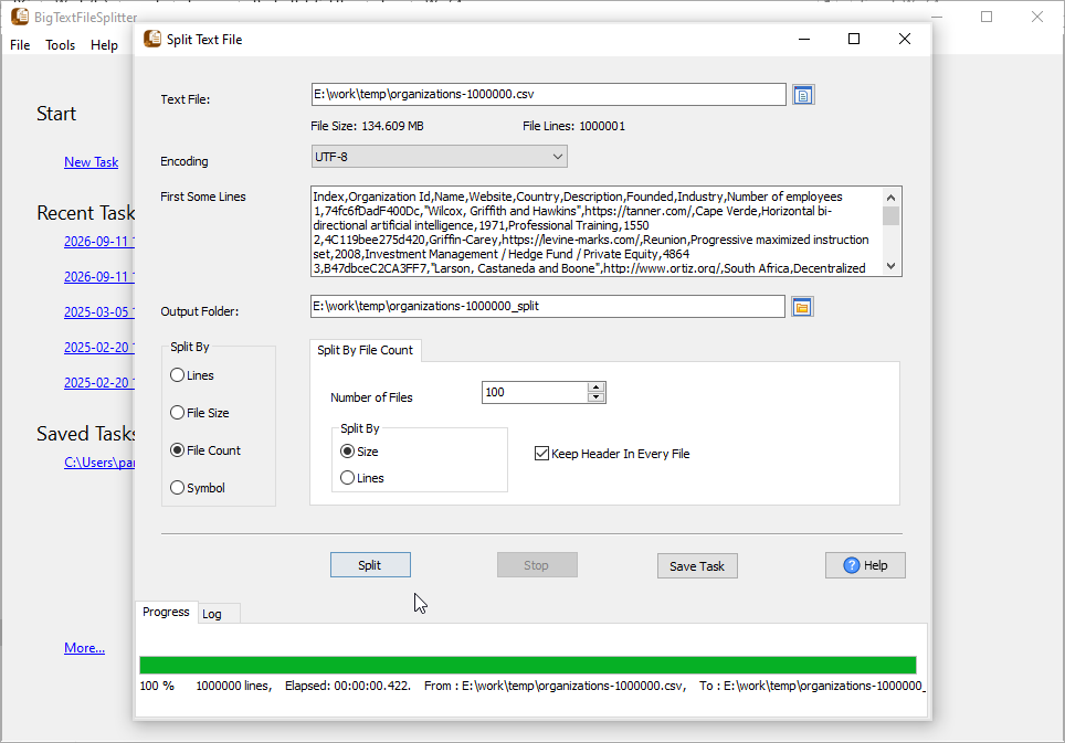 Split a large CSV into a fixed number of files with BigTextFileSplitter