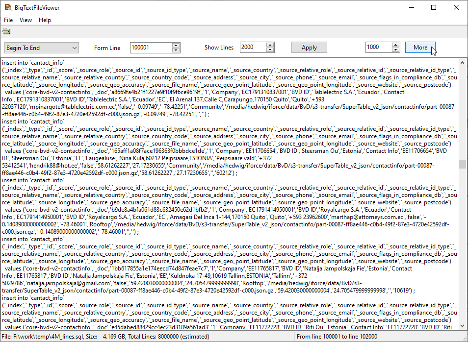 load more content of the SQL file