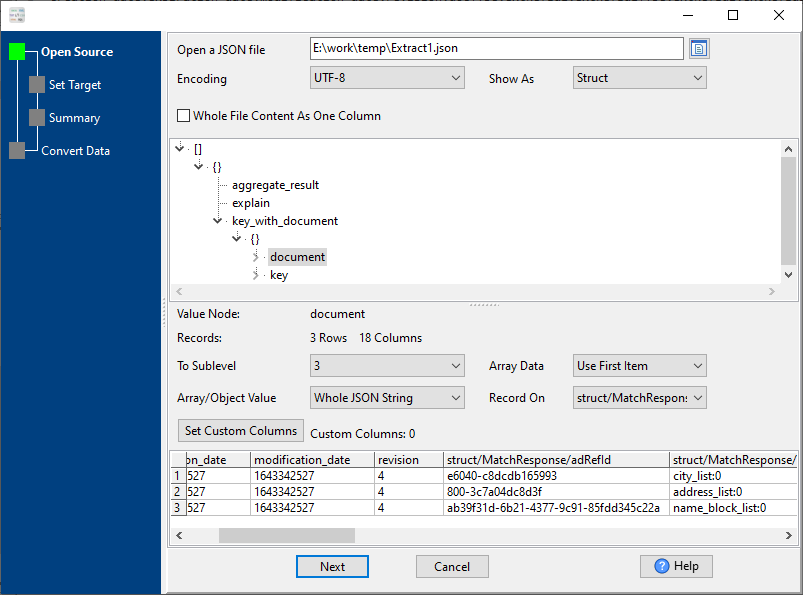 Convert nested json with nested arrays to csv - json setting