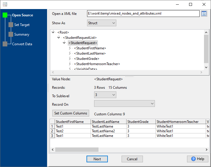 Convert XML (mixed nodes and attributes) to CSV - open XML