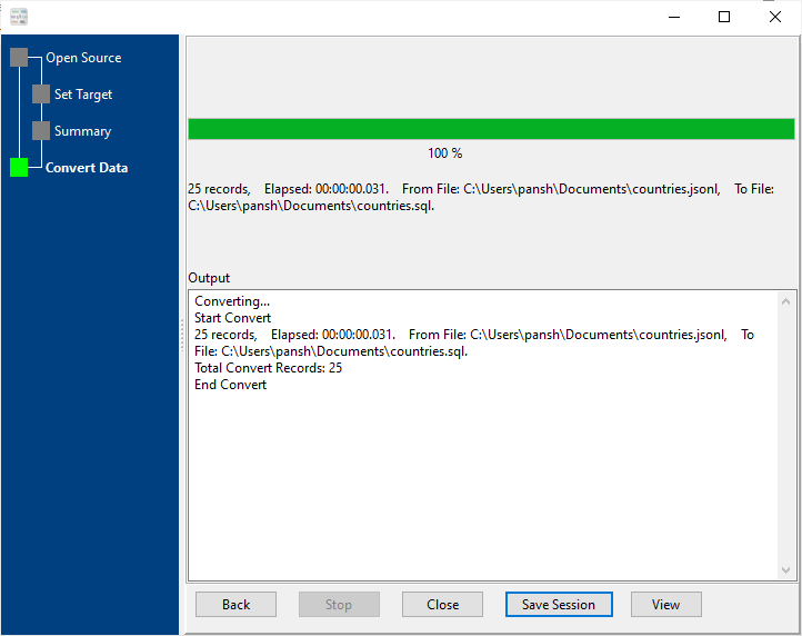 convert JSON Lines to SQL file - convert to SQL file