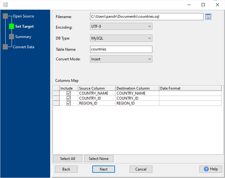 convert JSON Lines to SQL file - config SQL file