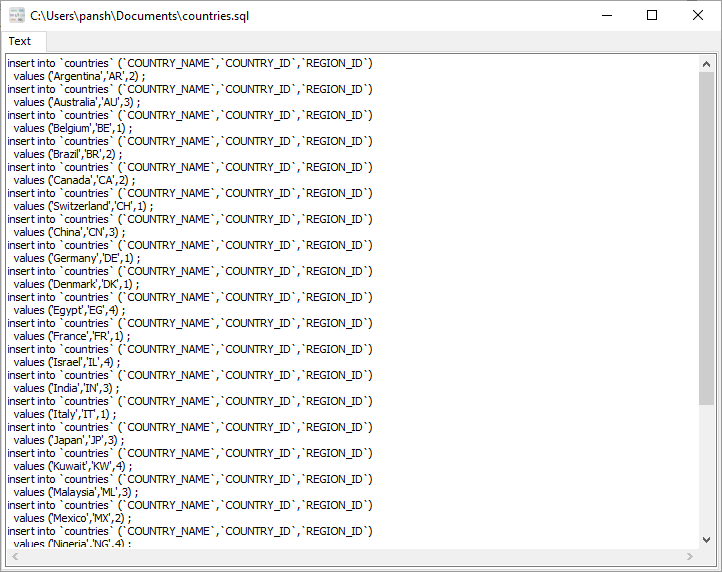 convert JSON Lines to SQL file - view  SQL file