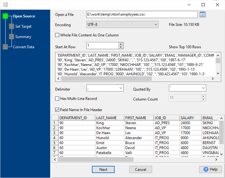 Convert CSV to NDCSV - open JSON lines file