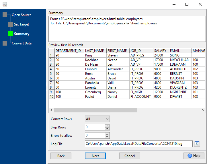 convert HTML file to Excel file - summary