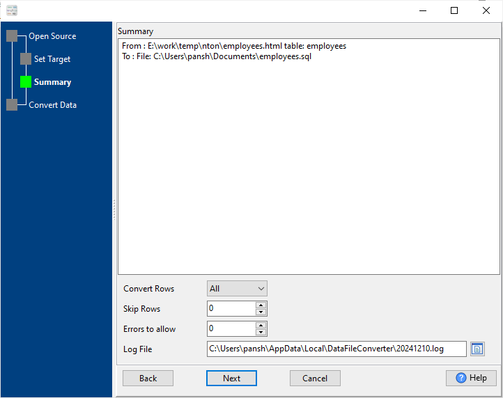 convert HTML file to SQL file - summary