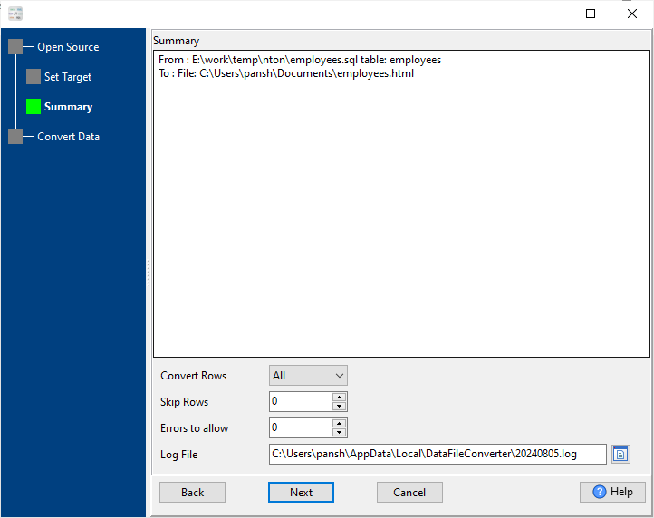 convert SQL file to HTML file - summary