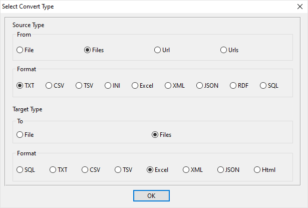 batch transform TXT files to Excel files - select type