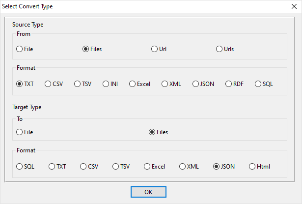 batch transform TXT files to JSON files - select type