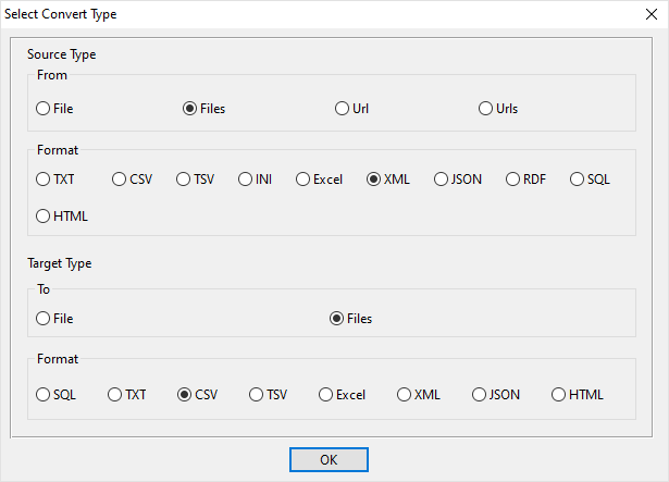 batch transform XML files to CSV files - select type