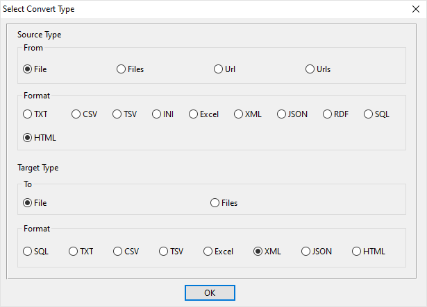 create XML file by HTML file - select type