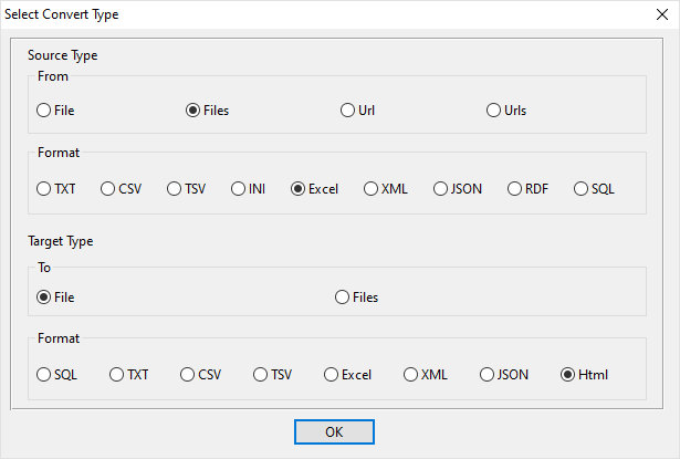 Combine multiple Excel files into one HTML file - select type