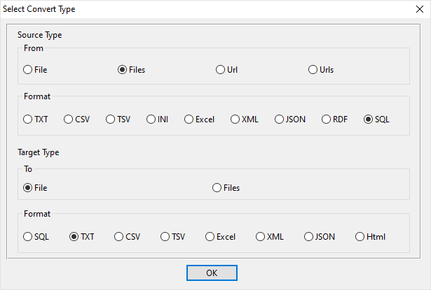 Combine multiple SQL files into one TXT file - select type