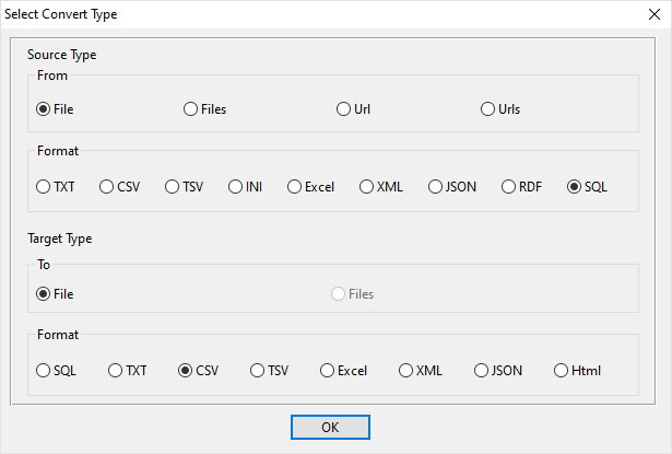 create CSV file by SQL file - select type