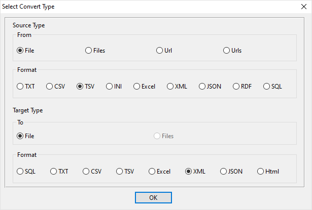 create XML file by TSV file - select type