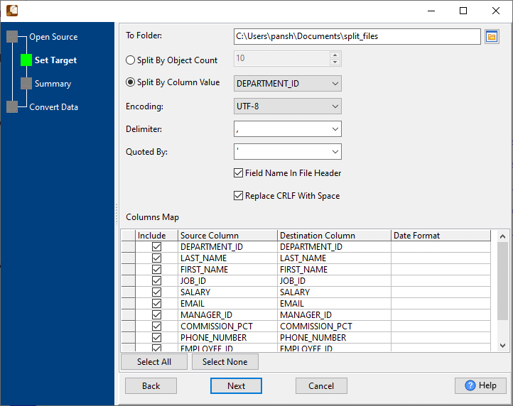 Break big CSV file by column value - config splitting options