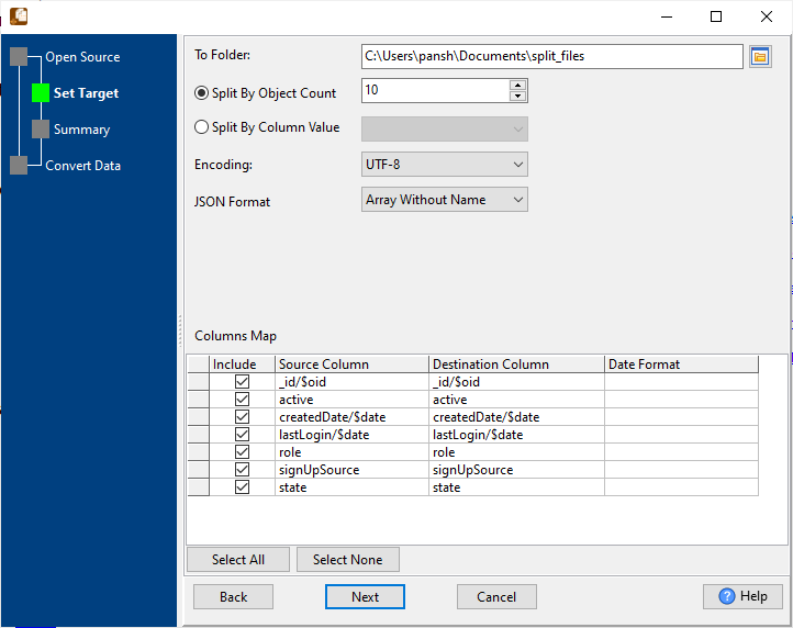 Break JSON array into multiple files - config splitting options