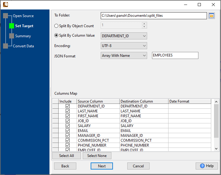 Break big JSON file by column value - config splitting options