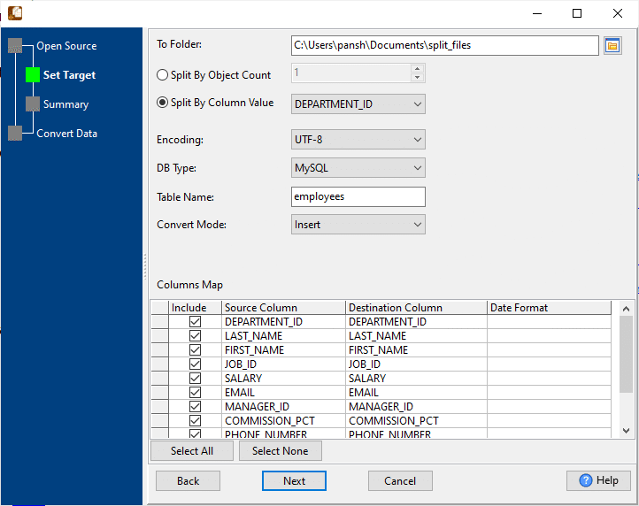 Break big SQL file by column value - config splitting options