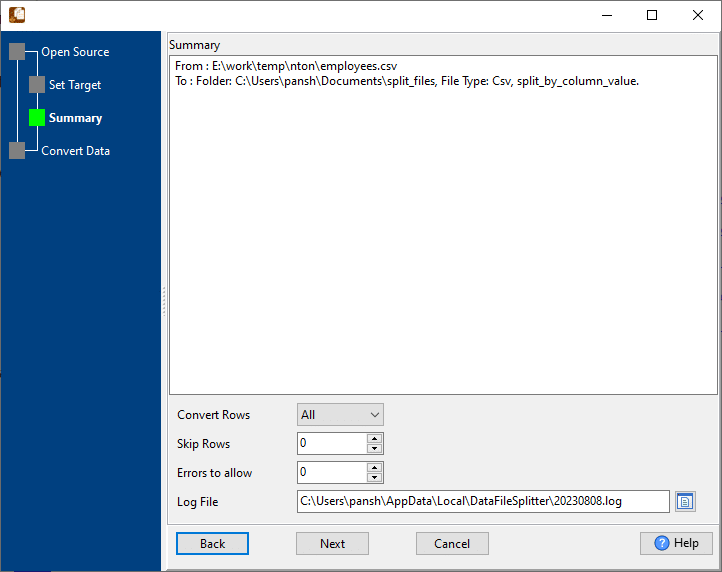 Break big CSV file by column value - summary