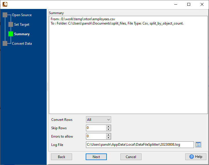 Break big CSV file into multiple files - summary