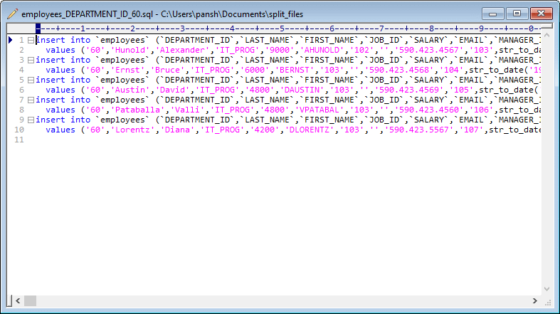 Split big SQL file by column value - view a result sql file