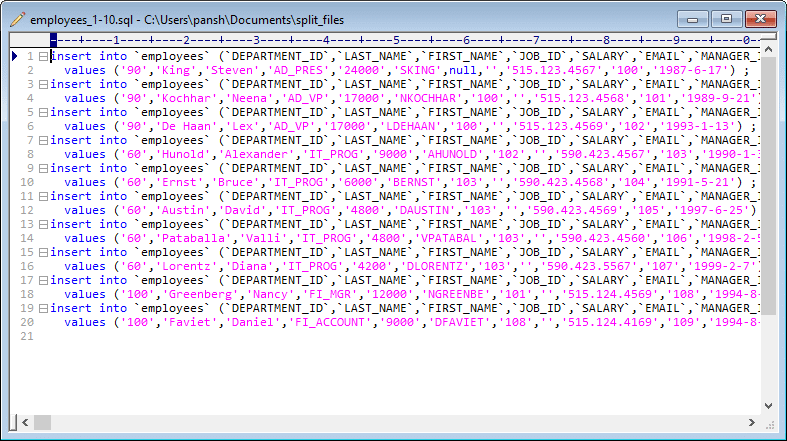 Split big SQL dump file into multiple SQL files - view a result sql file