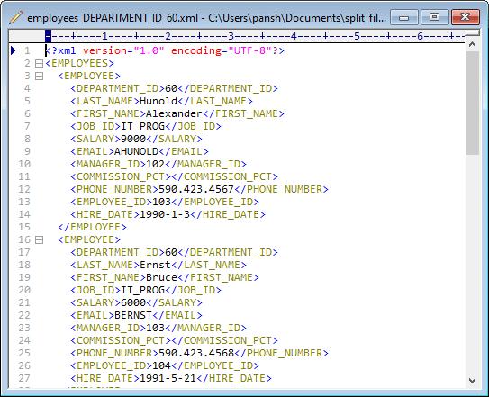 Split big XML file by column value - view a result xml file