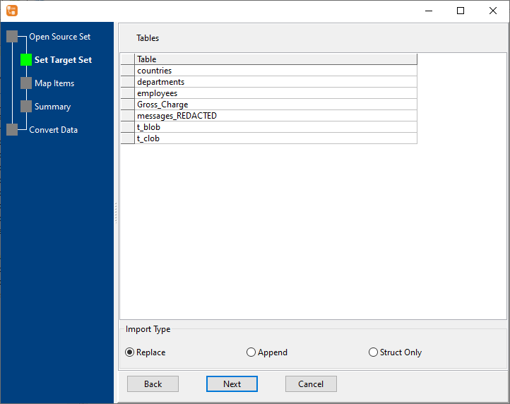 Copy several tables data in one time - target tables