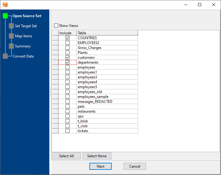 Export data from database Tables To Files - select tables