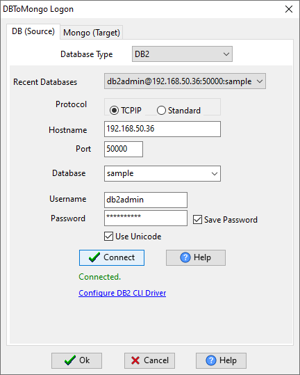 Copy data from DB2 table to MongoDB collection - Login to DB2