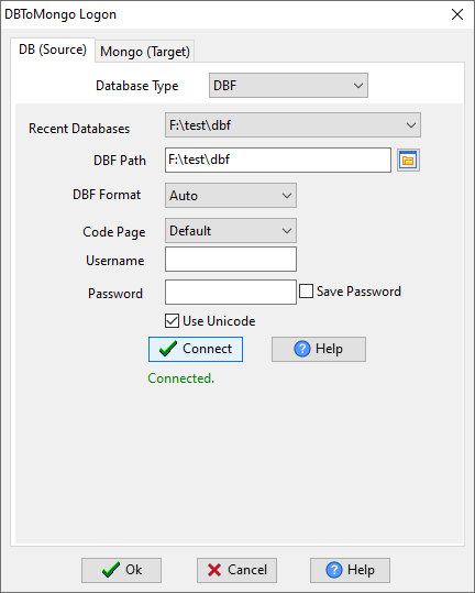 Copy data from DBF table to MongoDB collection - Login to DBF