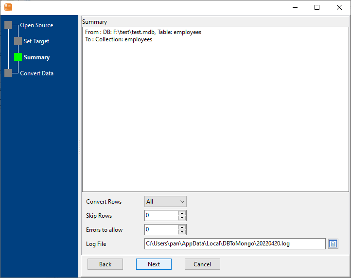 Load data from Access table to MongoDB collection - summary