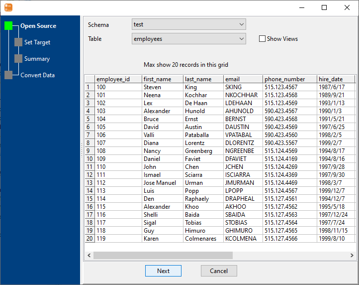 Convert data from MySQL table to MongoDB collection - open table