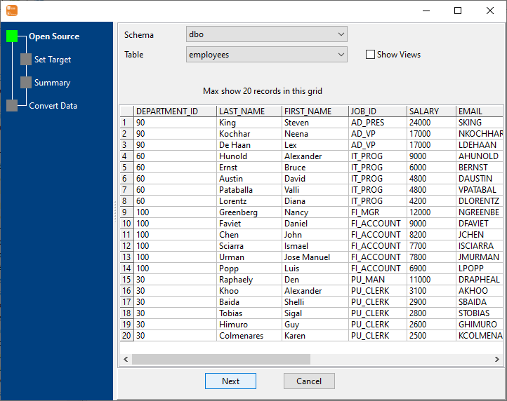 Convert data from SQL Server table to MongoDB collection - open table