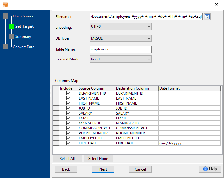 Extract data from MySQL  (MariaDB, Percona) Query Results To SQL using dynamic filename with date - enter file name