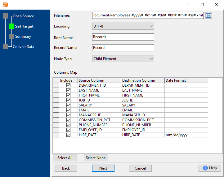 Extract data from PostgreSQL  Query Results To XML using dynamic filename with date - enter file name