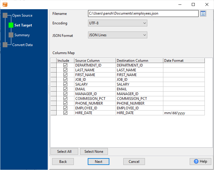 Extract data from MySQL  (MariaDB, Percona) Table To JSON lines (JSONL / NDJSON / LDJSON) - enter file name