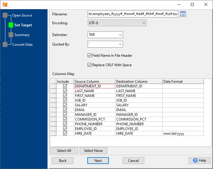 Extract data from DBF  (dBase, FoxBase, FoxPro) Table To TSV using dynamic filename with date - enter file name