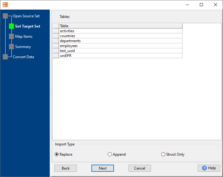 Import data from each table in a SQL file to a separate DBF table - choose import type