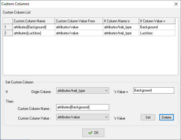 set custom columns for JSON