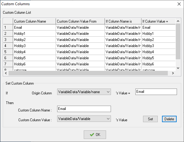 set custom columns for JSON