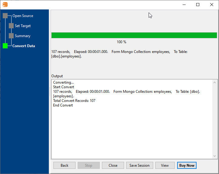 Transfer data from MongoDB collection to SQL Server table - Transfer