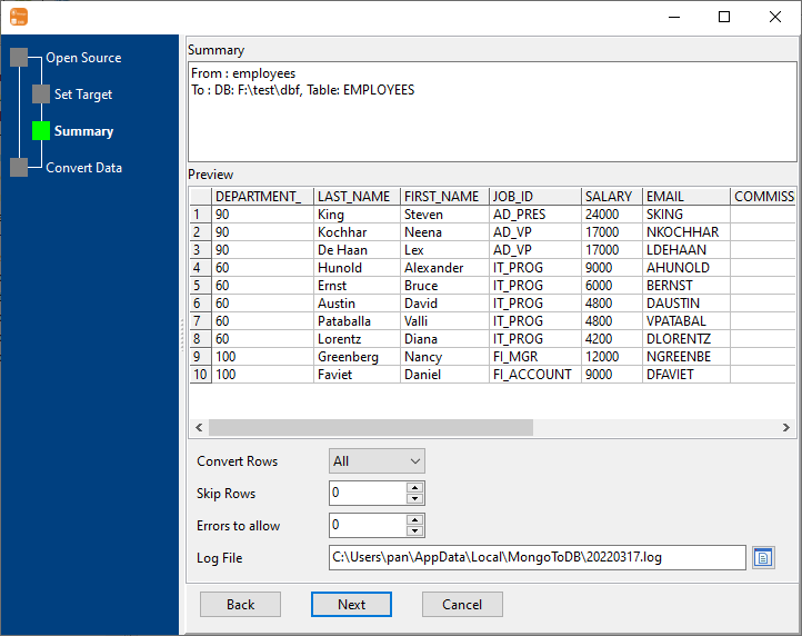 Load data from MongoDB collection to DBF table - preview