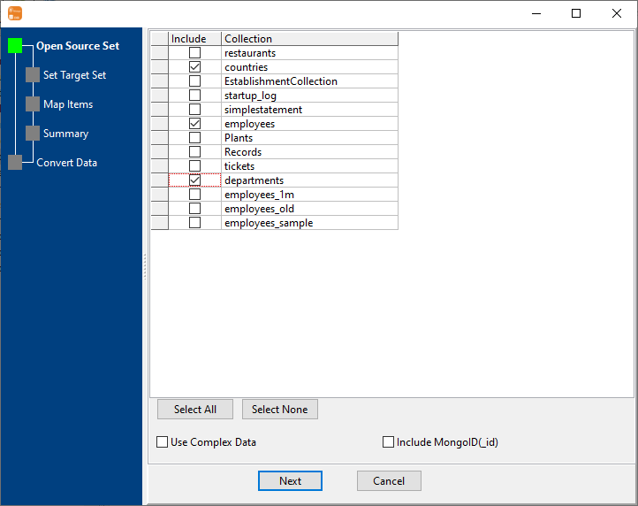 Migrate MongoDB to PostgreSQL - select collections