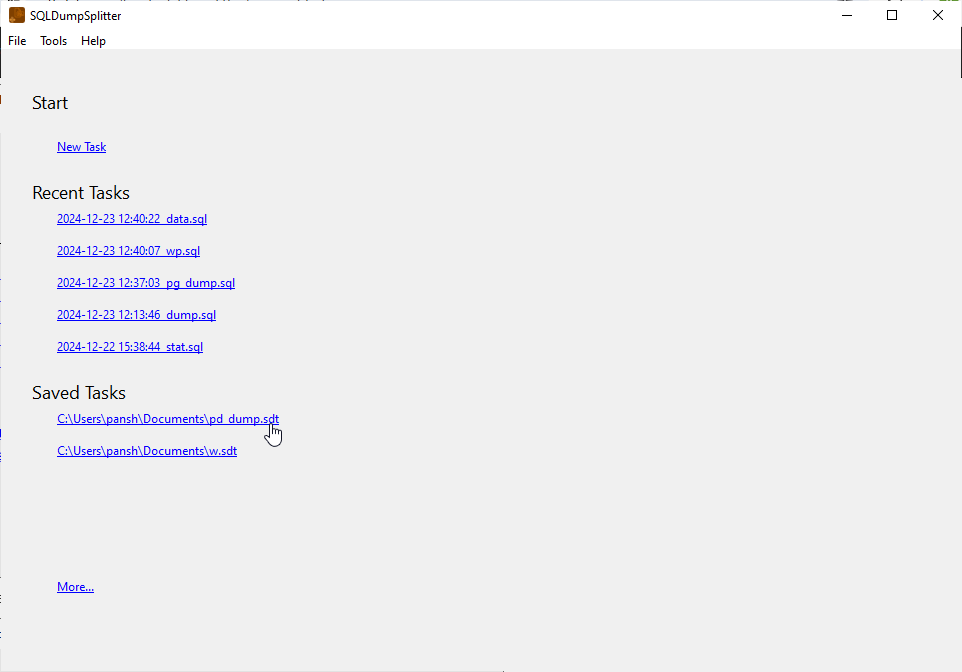 Split large SQL dump file to smaller files - load session file