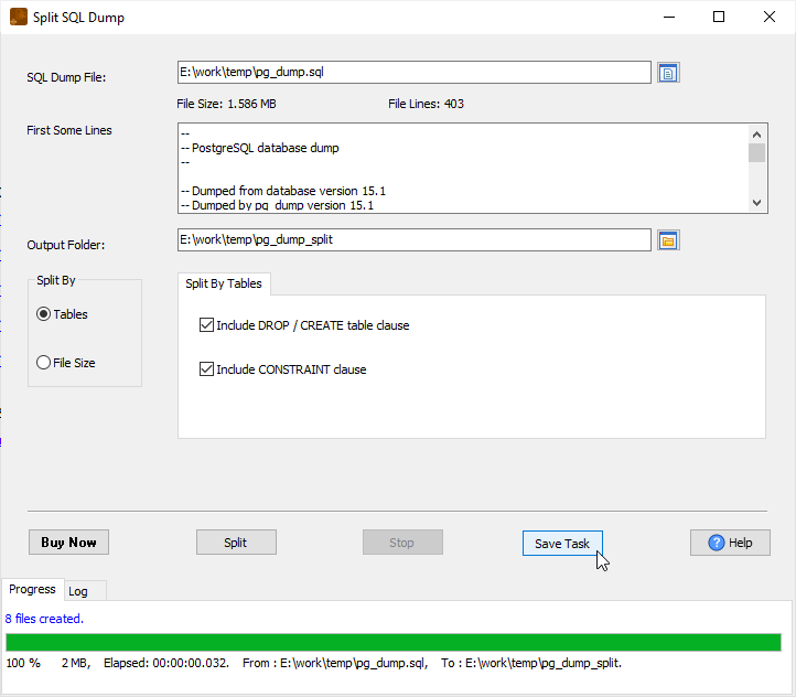 Split large SQL dump file to smaller files - save task