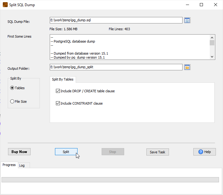 Split large SQL dump file to smaller files - split by task