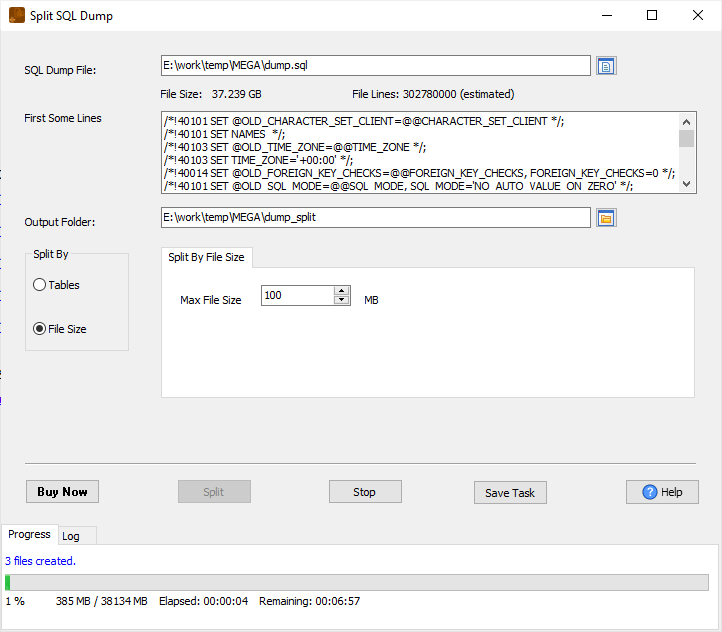 Split large SQL dump file to smaller files by file size